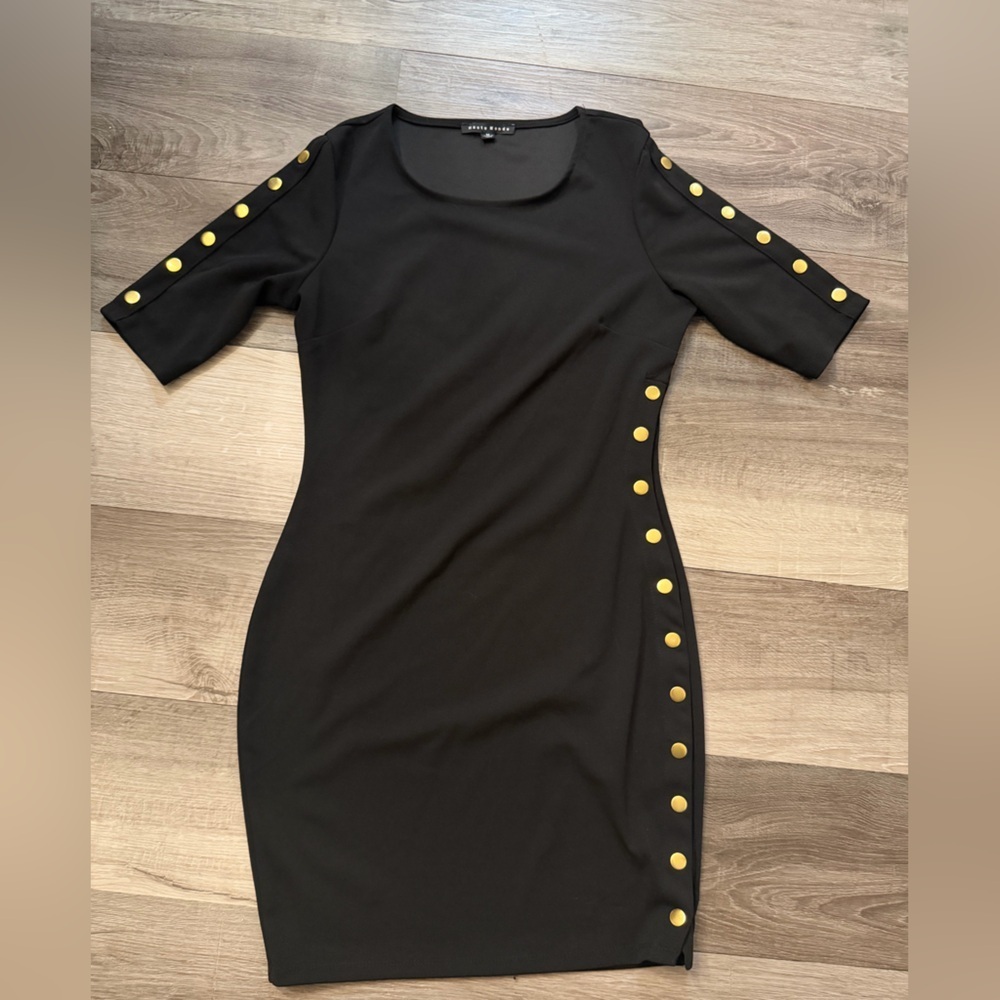 Haute Monde Black Mini Dress with Gold Accents - Picture 2 of 5